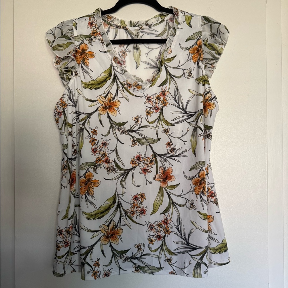 Per Seption Women White Floral Cap Sleeve Knit V Neck Top Size 1X Summer NEW